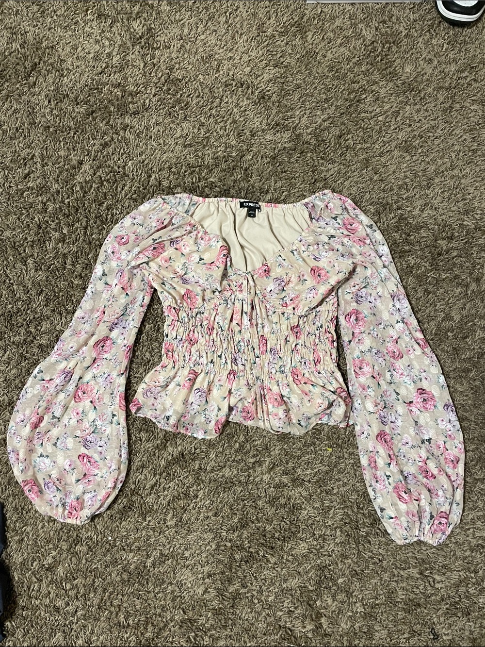 Floral Smocked Peasant Blouse - Pink on Cream